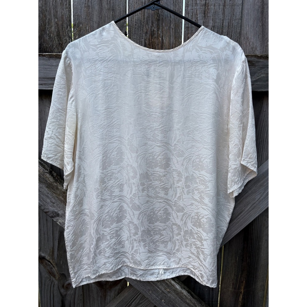 VTG Stunt Collections Cream 100% Silk Jacquard Floral Short Sleeve Blouse Top M